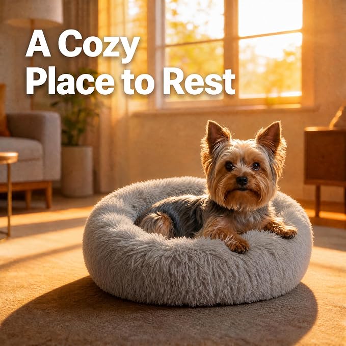 Calming Donut Small Dog Bed for Chihuahua Yorkie Maltese Shih Tzu | 19 Inch Washable Puppy Bed,Ultra Soft Faux Fur Round Dog Bed,Grey