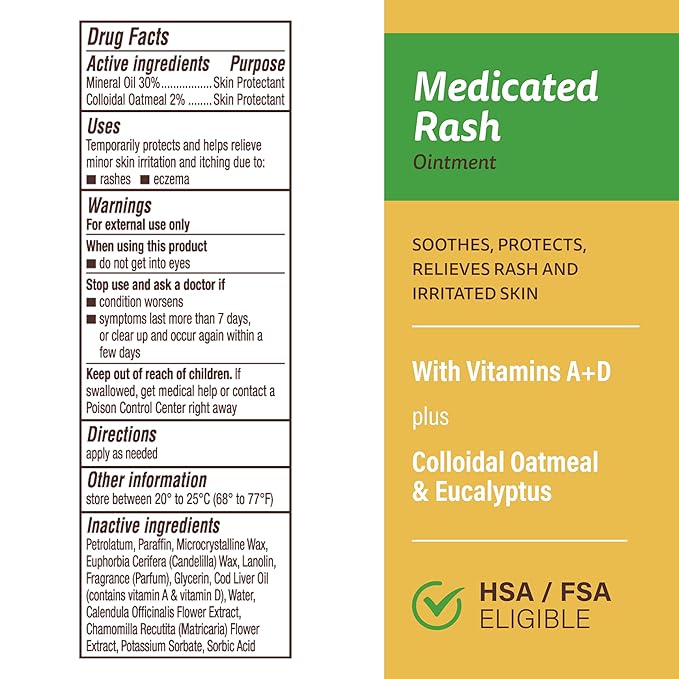 A+D Medicated Rash Ointment 1.5 oz– Relieves Rash & Skin Irritated Skin from Poison Ivy, Eczema, Beard Rash, Bikini Rash, Dry Skin, Chapped Skin, bug bites. Made with Colloidal Oatmeal