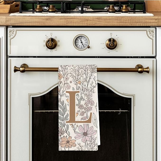 Initial L Personalized Floral Kitchen Towels Dish Towel, Custom Hand Towels for Bathroom, Monogrammed Gifts for Women Mom, Boho Floral Decorative Kitchen Towels Tea Towel, 16x24 Inch