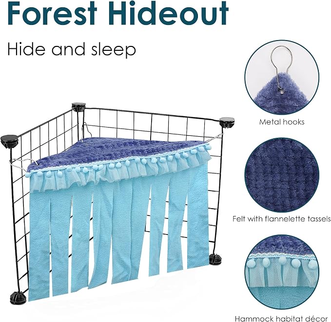 Lace Trim Guinea Pig Corner Hideout, Fleece Forest Cage Accessories, Pet Corner Hideaway for Guinea Pigs, Rabbits, Ferrets, Chinchillas, Hedgehogs (Blue)