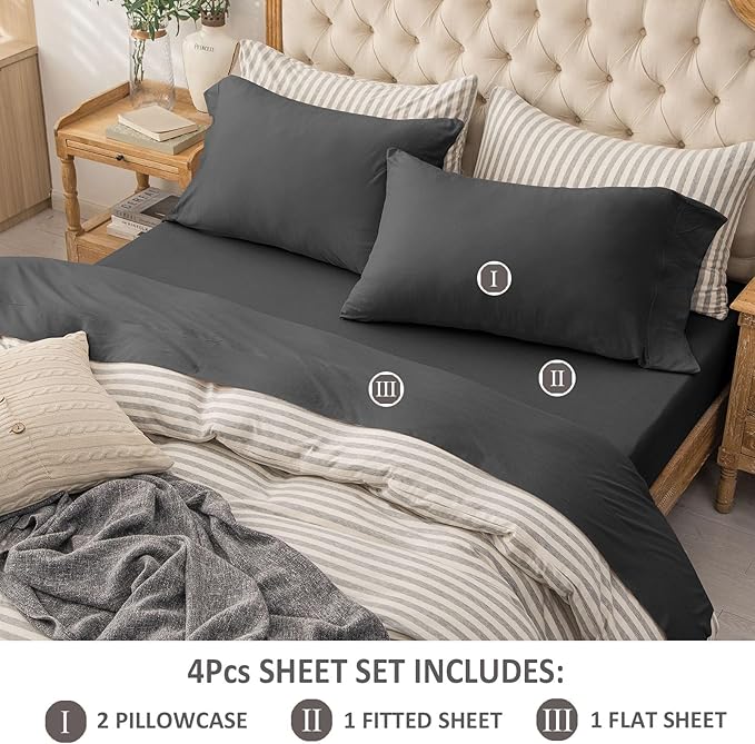 PURE ERA Jersey Knit 4pc Bed Sheet Set 100% T-Shirt Cotton Super Soft Comfy Breathable Fits Mattress Up to 20" Extra Deep Pocket (Solid Deep Grey, King)