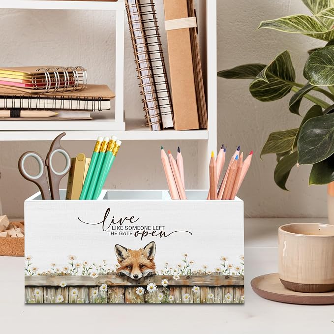 DILSJ Fox Inspirational Pen Pencil Holder Organizer For Desk, Fox Gifts For Women, Rustic Floral Live Like Someone Left The Gate Open Wooden Box Signs For Home Office Desk Tabletop Decoration