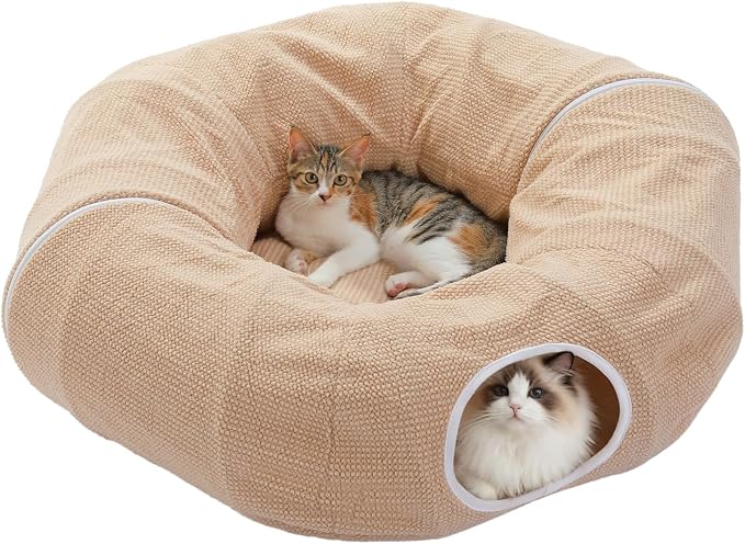 PEQULTI Beige Donut Cat Tunnel Bed Washable Plush Mat Multi for Small Pets | Round play tube with soft detachable plush mat, multi-pet toy fit indoor cats, kittens, puppies, rabbits and ferrets