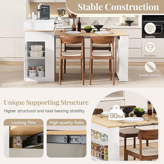 Amposei Kitchen Island with Extendable Dining Table & Power Outlet, 58’’ Breakfast Bar Coffee Station Sideboard Glass Door Storage Cabinet with Drawers, Creamy White & Natural