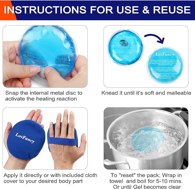 LotFancy Reusable Hand Warmer, 6 Click Activated Instant Heat Packs and 1 Wrap, Gel Heating Pad, Snap Hot Therapy Compress for Pain Relief, Outdoor & Small Portable Size