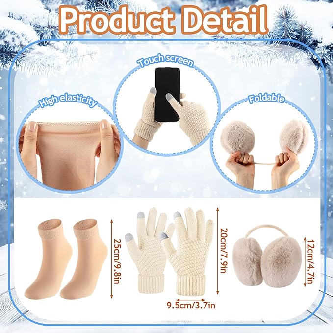 SATINIOR 5 Pcs Winter Satin Lined Hat Scarf Gloves Set Knit Pompom Beanie Warm Touchscreen Glove Earmuff Ear Warmer for Women