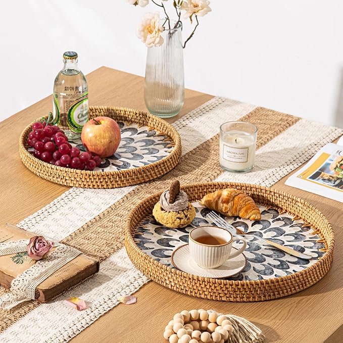 Round Rattan Tray Home Decor with Wood Bead Garland, 12'' Wicker Serving Tray with Mother of Pearl Inlay, Boho Decorative Tray for Coffee Table, Bathroom, Ottoman, Kitchen Table (Coastal Blue)