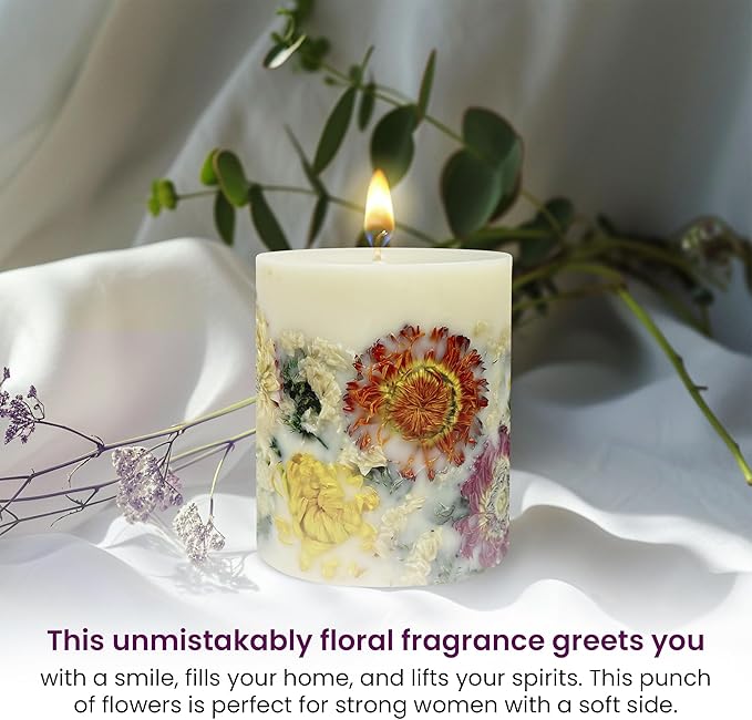 VIONAMI Botanical Scented Pillar Candle - Tropical Rare Flower Fragrance Candles Gifts for Women, Gift Ready - Decorative Natural Soy Scented Candles with Dried Flowers for Home (Mums)