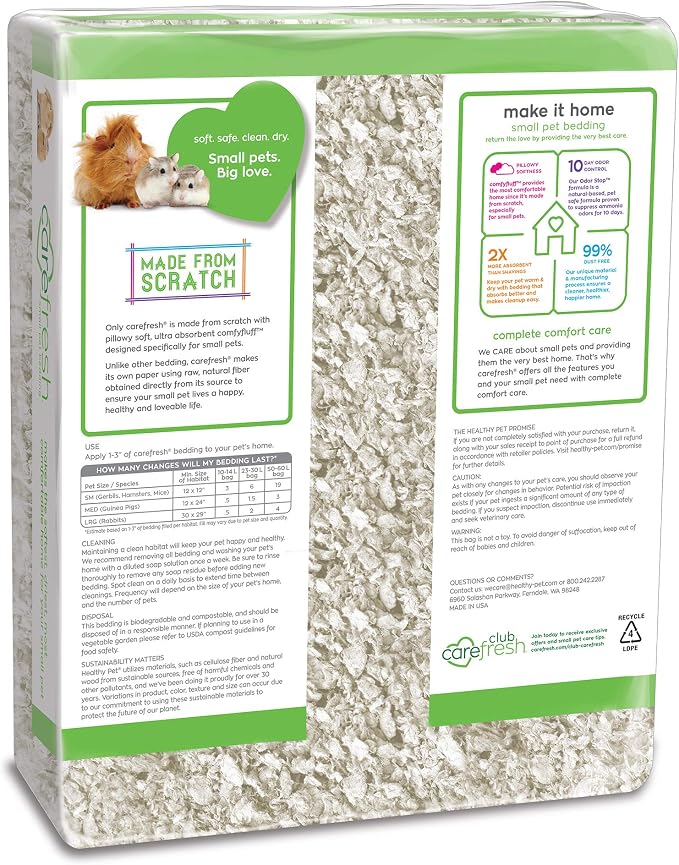 Carefresh White Natural Paper Small Pet Bedding, Odor Control 50L | 2X more absorbent, 99% dust free, odor control, Biodegradable and compostable, For hamsters, rabbits and guinea pigs
