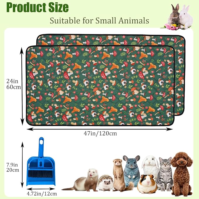 2 Pcs Guinea Pig Cage Liners 47 x 24 Washable Cage Pads Rabbit Bedding Reusable Absorbent Pee Pads for Small Animals Bunny Ferret Chinchilla Hamster (Green, 47×24'')