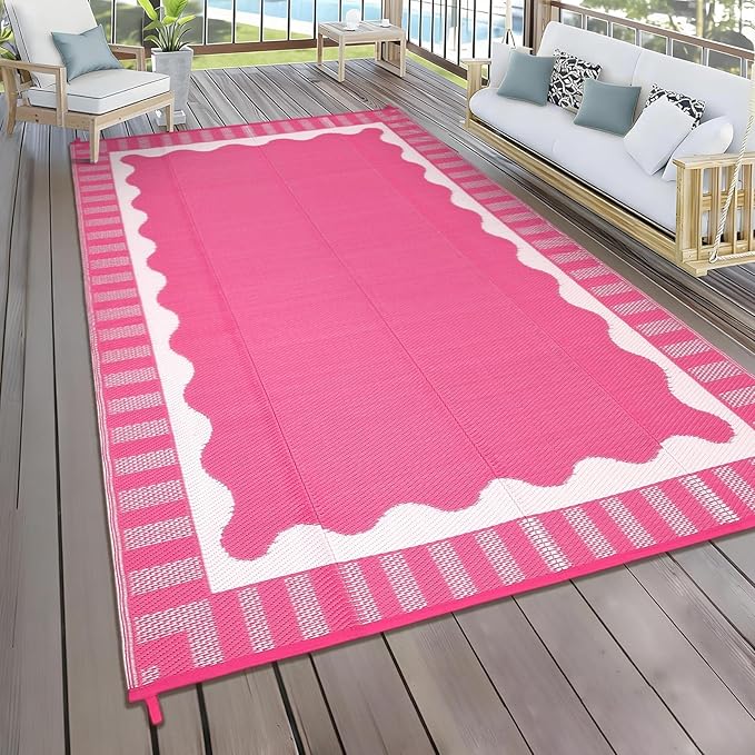 9x12 Outdoor Rug Waterproof Foldable Plastic Straw Carpet for Patio Porch Scalloped Border Reversible Mat Lightweight Floor Mat for Picnic, Backyard, Rv, Beach, Deck, Camper, Balcony，Grey