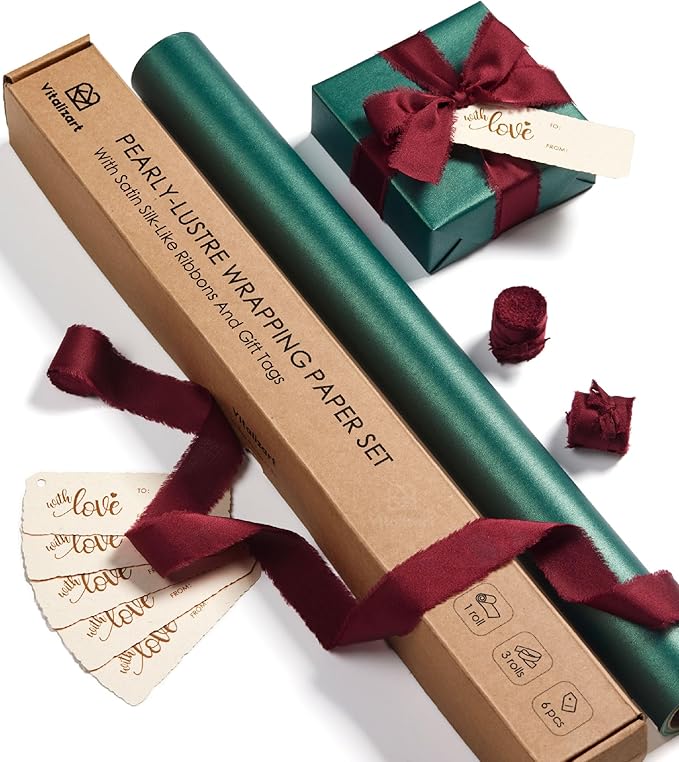 Vitalizart Green Wrapping Paper Set 17" Pearly-Lustre With Silk Like Satin Ribbon & Gift Tags Recyclable Christmas Gift Wrapping Birthday Baby Shower Wedding Handmade Crafts 197"(16.4 Ft)