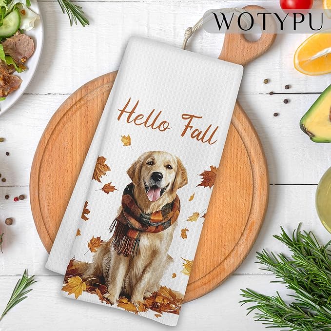 Fall Golden Retriever Kitchen Towels, Golden Retriever Lover Gifts Dish Tea Towel for Kitchen Decor, Farmhouse Fall Autumn Maple Leaf Dog Hand Towels for Bathroom Decor, 16x24 Inch