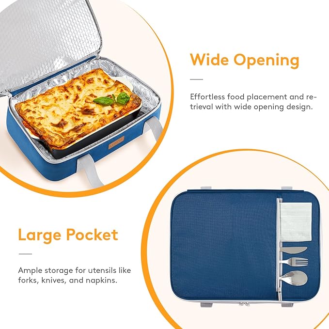 LUNCIA Insulated Double Decker Casserole Carrier, Lasagna Lugger Tote Keeps Food Hot or Cold, Thermal Lunch Bag for Potluck Parties, Picnic and Cookouts, Fits 9" x 13" Baking Dish, Pure Blue