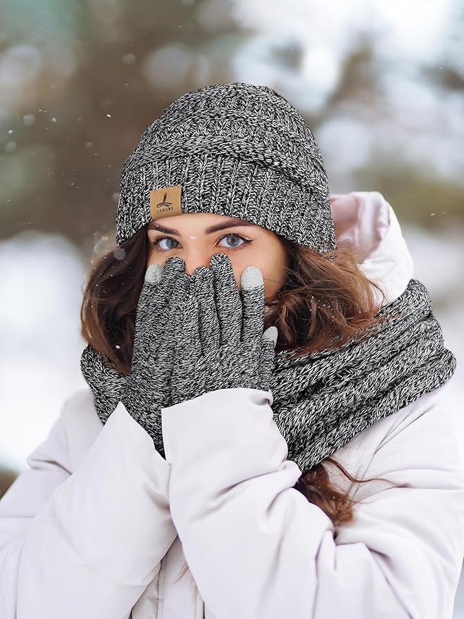 Winter Beanie Hat Scarf Gloves, Warm Fleece Knit Hats Touch Screen Gloves Neck Scarf Set Winter Gifts for Unisex Adult