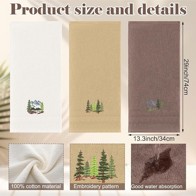 3 Pcs Mountain Hand Towels Farmhouse Decorative Bathroom | Towels Set 13. 3 x 29. 5'' Pine Trees Lodge Lake, Embroidered 100% Cotton for Home Bathroom Kitchen Decor