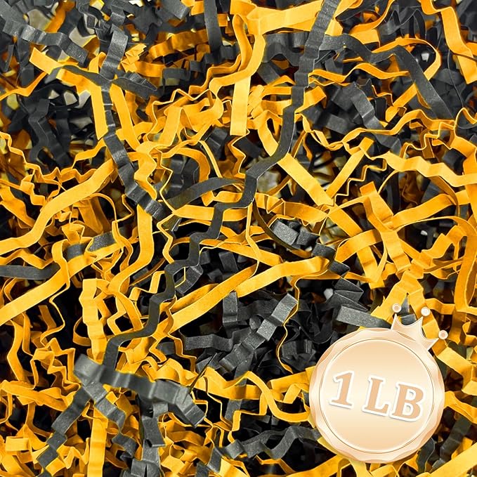 Zankubom 1 LB Crinkle Cut Paper Shred Filler Great for Gift Wrapping, Basket Fillers, Birthday, Gift Wrapping, Anniversary, Halloween Christmas Party Decor Filling Supplies Black Gold