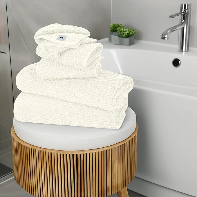 Tens Towels Pack of 6 Zero Twist Towels Set, 2 Bath, 2 Hand, 2 Waschloths, 100% Cotton, Light Weight, Extra Absorbent, Exceptional Softness, Perfect for Bathroom (Ivory)