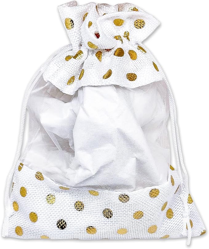 12-Pack Large Linen Burlap & Organza Gift Bags w. Drawstrings (6.5x8.5 in, White/Gold Polka) - Party Favors, Presents, Samples & Treats Mesh Pouch by The Display Guys