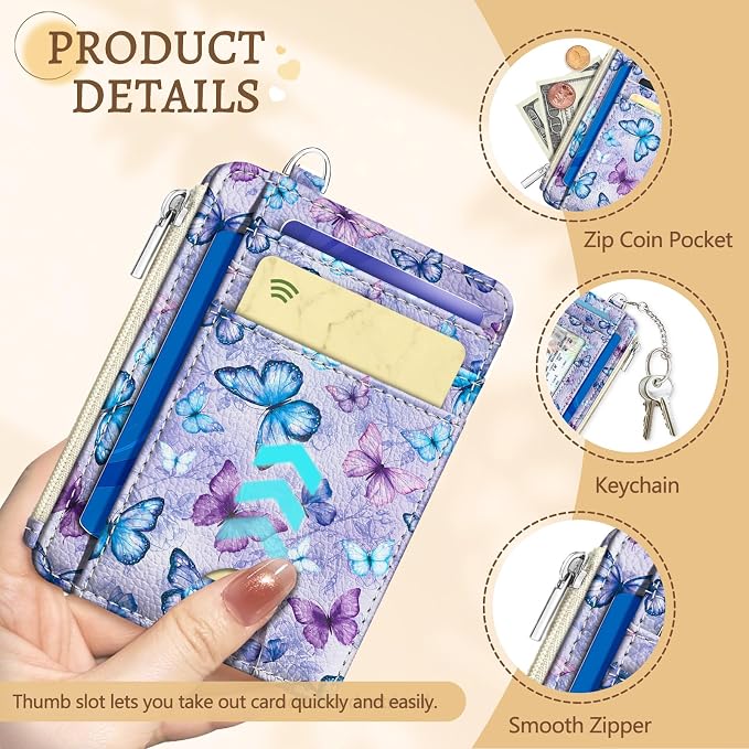Kelvoris Credit Card Holder Small Wallet Women, Slim RFID, Butterfly | Keychain, Zipper Coin Pocket, Front Pocket Thin Travel Card Case, Minimalist, 6 Card Slots, 1 ID Window, Ladies Gifts Woman