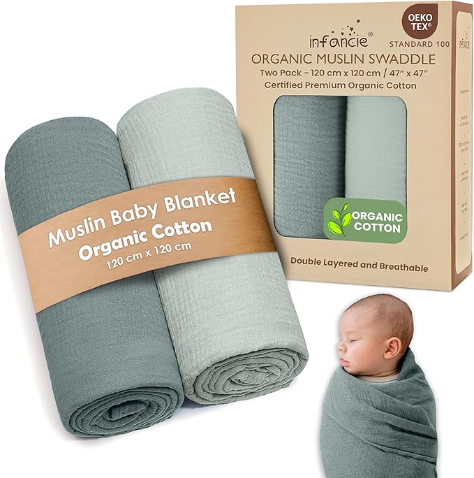 Organic Cotton Muslin Baby Blanket - 47x47 Inch Breathable Swaddle, Hypoallergenic Double-Layer, Versatile Use (Green/Mint Green, 47x47 Inch)