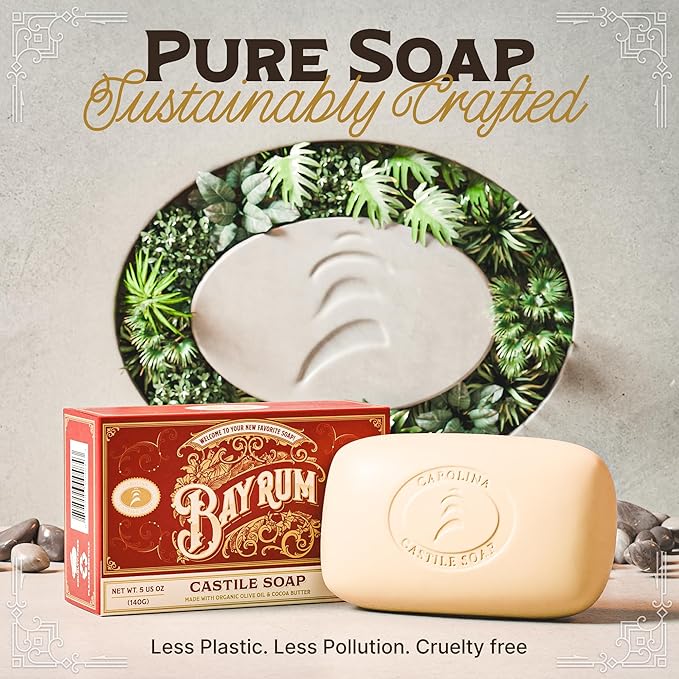 Carolina Castile Soap Vegan Bay Rum Castile Bar Soap – 6 Bars of Natural Soap for Men, Women, and Kids – Gentle, Hydrating Castile Soap Bars with Organic Cocoa Butter and Olive Oil, 5 Oz. Each