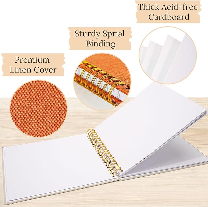 Scrapbook Photo Album Linen Cover, 8 x 8 Inch Hardcover Kraft White Pages Memory Book, for Travel Wedding Guest Book Christmas Baby Shower (20 Sheets/ 40 Pages,Orange)