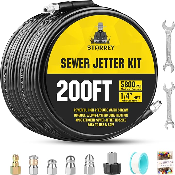 Pressure Washer Drain Jetter – Sewer Jetter Kit for Pressure Washer 200ft 1/4 Inch NPT Hose Nozzles and Adapter 5800PSI Clears Clogs in Pipes & Sewer Lines
