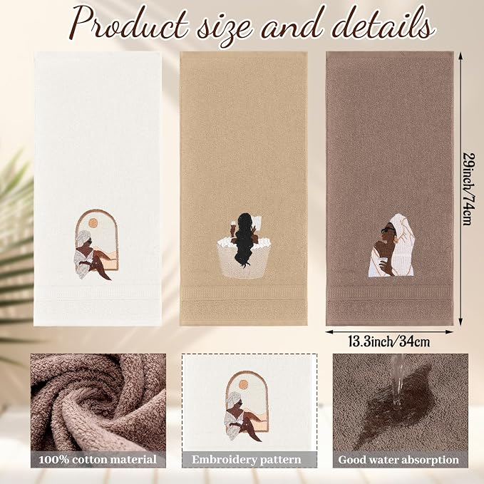 3 Pcs African American Woman Hand Towels for Bathroom | African Black Girl Bathroom Decor, Brown Decorative Farmhouse, 100% Cotton Embroidered Kitchen Towels, 13.3 x 29.5''
