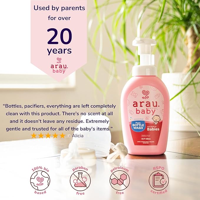 Arau Baby Foam Bottle Wash - Gentle Cleansing Soap for Bottles, Pacifiers, Toys, Dirty Surfaces, Foam Dish Soap, Plant Based, Safe for Baby, Trusted Baby Care Brand (16.9 fl oz - Pack of 3)
