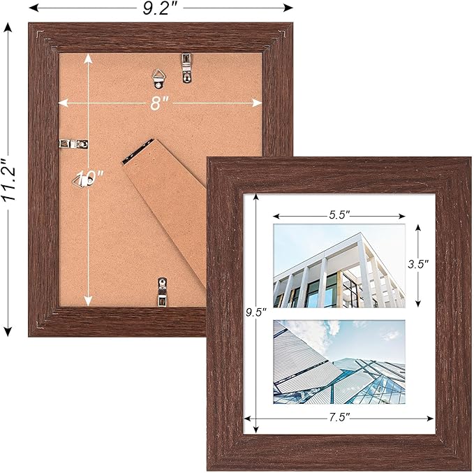 8x10 Picture Frame Display Double 4X6 Picture Frame Collage,Multi Photo Frame with Mat,Plexiglass,Wall or Tabletop Decor,Walnut Wood Grain