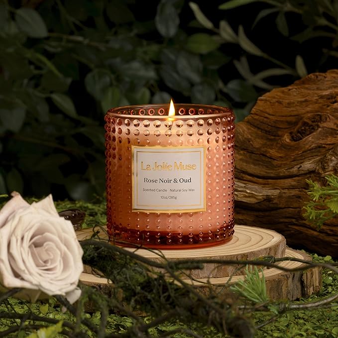 LA JOLIE MUSE Rose Noir & Oud Scented Candle – Lemon, Rose & Oud | 10 oz Natural Soy Wax | 55 Hours Clean Burn | Gift-Ready for Hosts & Gatherings | Elegant Home Décor