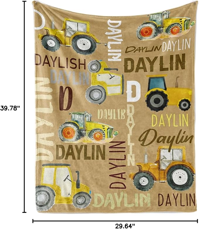 Personalized Tractors Blanket - Custom Name with Farm Tractor Trucks Design - Soft Plush Flannel Bed Blanket for Baby Kid Teen Boys Girls Customized Gifts Khaki