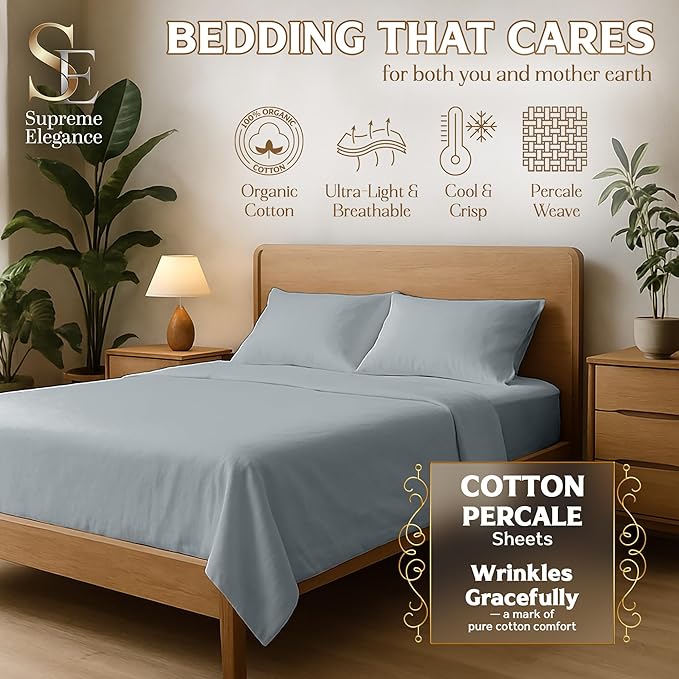 SUPREME ELEGANCE 100% Organic Cotton Twin Sheet 3 Pcs Set, Cotton Sheets with 16” Deep Pocket, Soft Silver | Bed Sheets for College Dorm Essential, Crisp & Breathable, Percale, Naturally Cooling