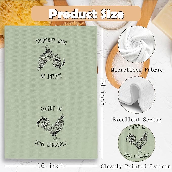 Chicken Kitchen Towels Funny Green Dish Towel with Sayings 16x24 Inches, Chicken Lovers Gifts Decorative Absorbent Dishcloths Tea Towels for Kitchen Bathroom Decor, Humorous Gifts for Women Men