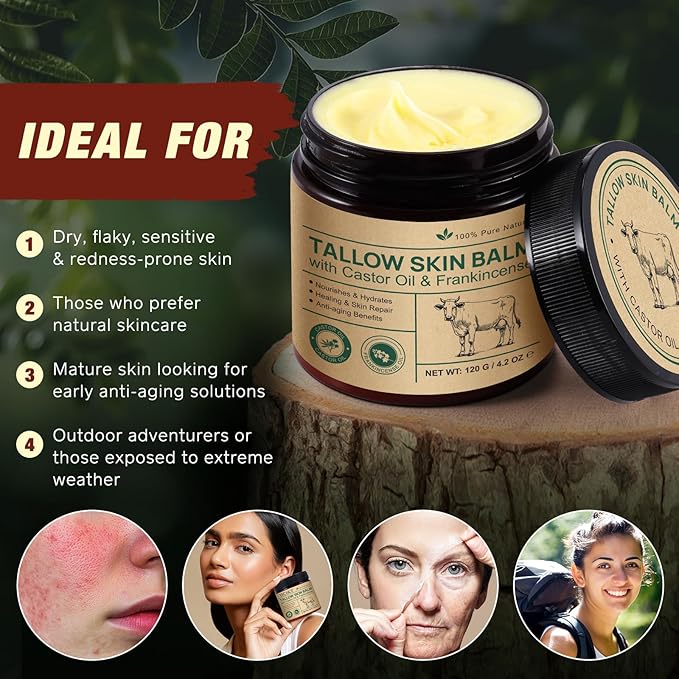 2 Pack Handmade Beef Tallow with Frankincense and Castor Oil Face Balm, 100% Grass-Fed Tallow for Skin Care, Face & Body Moisturizer for Sensitive Skin & Dry Skin Age Defying, Natural Lotion