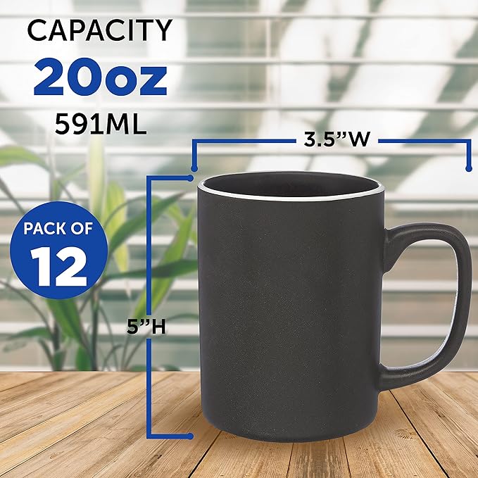 DISCOUNT PROMOS El Grande Matte Ceramic Mugs 20 oz. Set of 12, Bulk Pack - Perfect for Tea, Espresso, Cappuccino, Hot Cocoa - Charcoal