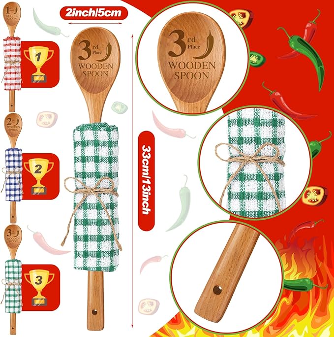 Quelay 9 Pcs Chili Cook off Trophies Prizes Set 1st 2nd 3rd Place Metal Medals Wooden Spoons for Cooking Cotton Towels Chili Cook off Decorations Cooking Gifts for Men Women Festivals Supplies