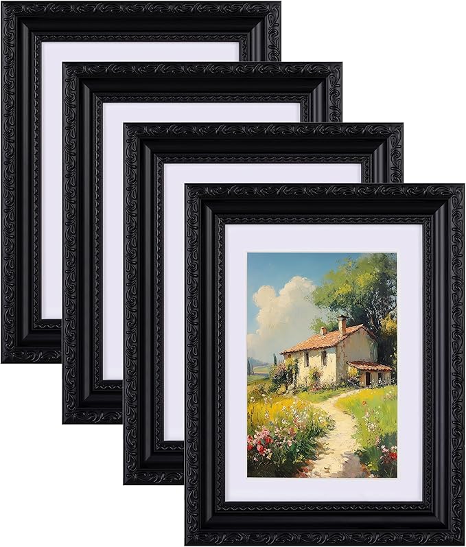 eletecpro 5x7 Picture Frames Set of 4, 5 x 7 Vintage Photo Frames with Glass, Displays 4x6 Photo with Mat or 5x7 without Mat for Tabletop or Wall Decor, Black