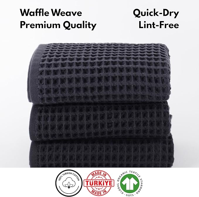 PÜSKÜL - Set of 3 Organic Waffle Hand Towel Gray - Premium Quality, 100% Turkish Cotton, Soft, Quick-Dry, Absorbent, Lint-Free Face Kitchen Hand Towels (Dark Gray, Hand Towels - Pack of 3)