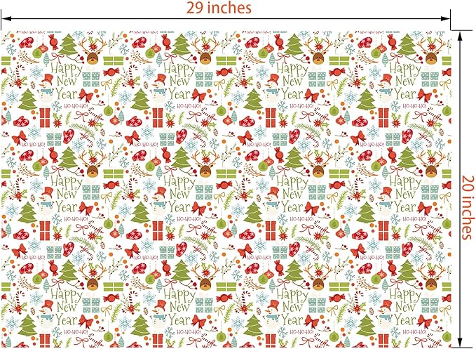 PlandRichW Christmas Wrapping Paper Folded for Kids Boys Girls Man Women Gift's. Papercraft Snowmen, Candy Canes, Tree, Socks, Snowflakes, Happy New Year Bulk of 12 Sheets 20"x 29" Folded