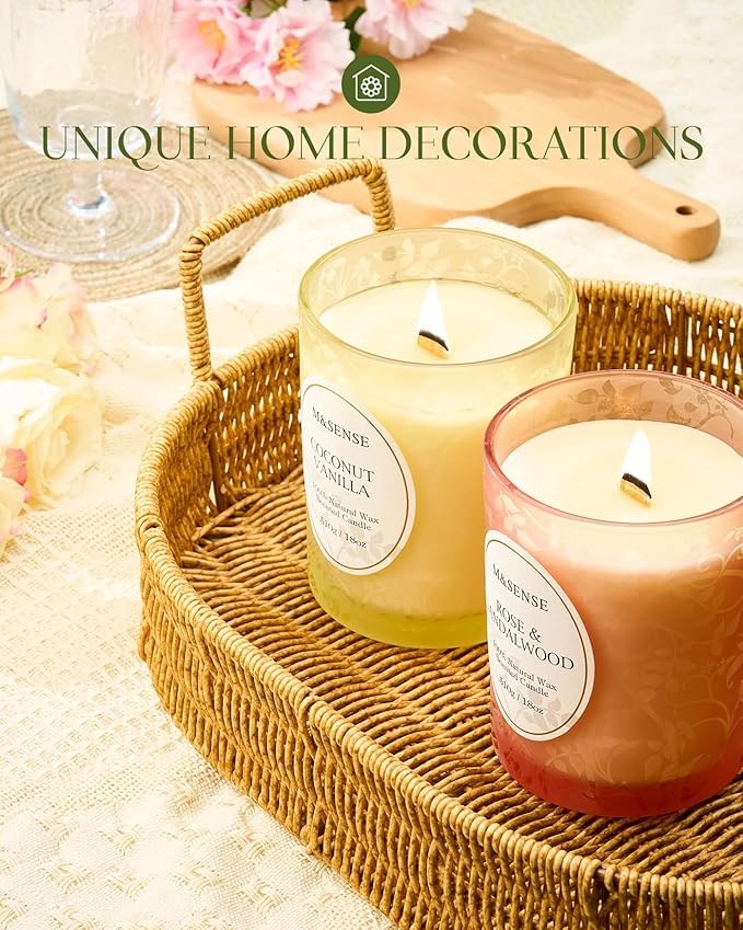 M&SENSE Vanilla Sandalwood Candle, Cracking Wooden Wick Soy Wax, 18oz 100 Hours Long Lasting Clean Burn, Large Jar Candles for Fall Winter Home Scented, Non-Toxic Relaxing Aromatherapy Gifts for Women