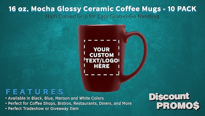 DISCOUNT PROMOS 10 Large Mocha Glossy Ceramic Coffee Mugs Set, 16 oz. - Customizable Text, Logo - Stoneware, Smooth, Durable, C-handle - Maroon