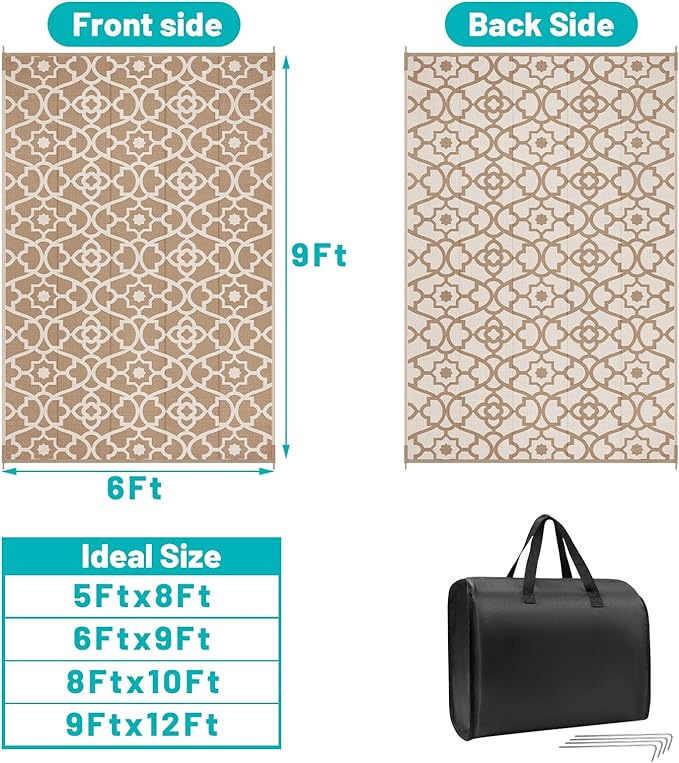 HEBE Outdoor Rug Waterproof 6x9, Plastic Straw Rug Camping Rug, Reversible Outdoor Patio Rugs RV Mat Clearance, Indoor Outside Floor Carpet for Porch,Deck,Camper,Balcony,Backyard