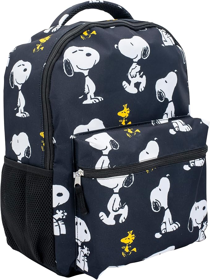 AI ACCESSORY INNOVATIONS Peanuts 16” Backpack With Front Pocket for Girls & Boys, Allover Print Bookbag Featuring Snoopy & Woodstock, Black