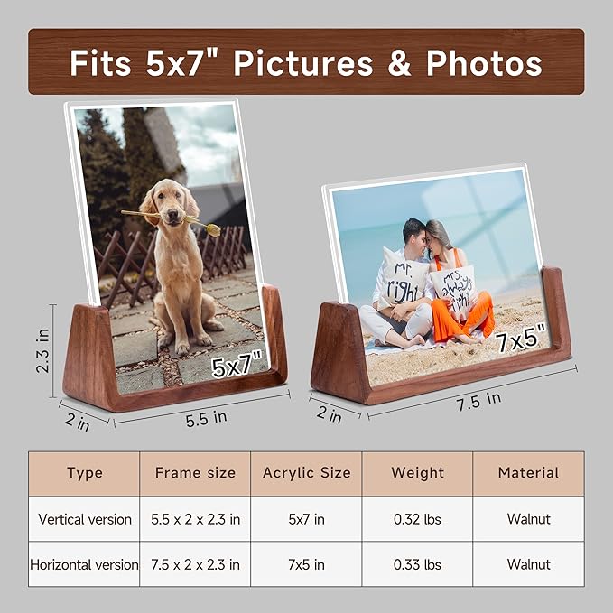 5x7 Picture Frame - 2 Pack, Rustic Wooden Photo Frame with Walnut Wood Base and High Definition Acrylic Glass Covers for Tabletop or Desktop Display (5x7 inch, Horizontal + Vertical)