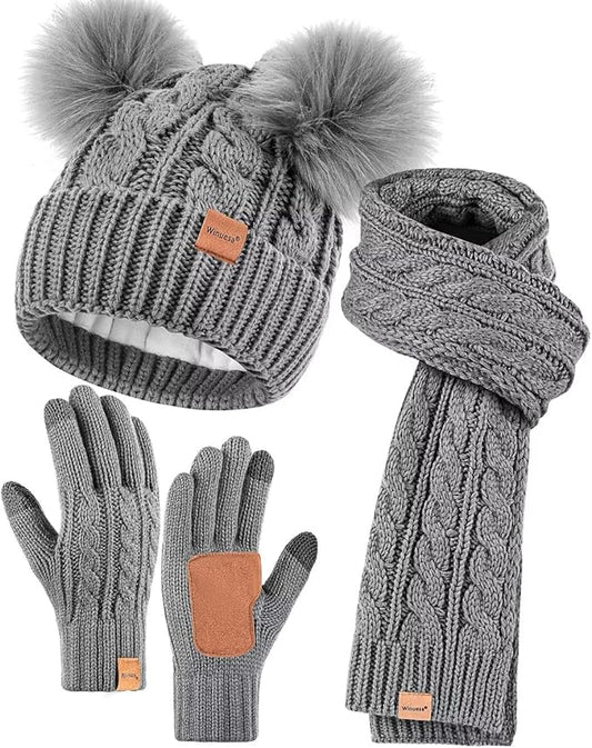 Winter Hat Scarf Glove Set for Women, Fleece Lined Beanie with Double Pom Pom, Touchscreen Gloves Knit Scarf for Cold Weather