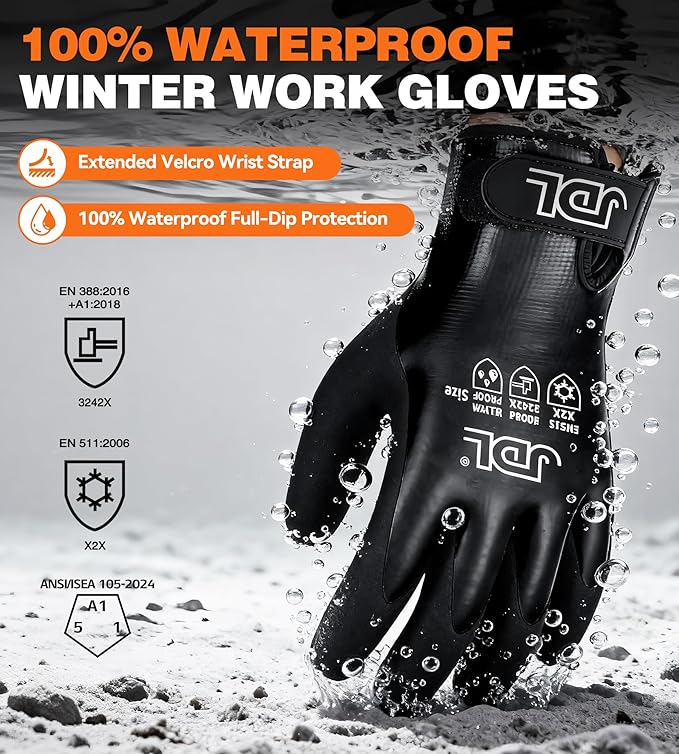 JDL 100% Waterproof Winter Work Gloves for Men & Women, Thermal Insulated Freezer Gloves for Cold Weather, Super Grip Palm