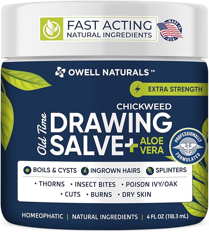 OWELL NATURALS Chickweed Drawing Salve for boils, Splinters, Poison Ivy/Oak, Skin Disorder, Irritations, Burns, Minor Cuts, Dry Skin, Itching (4 Fl Oz (Pack of 1))