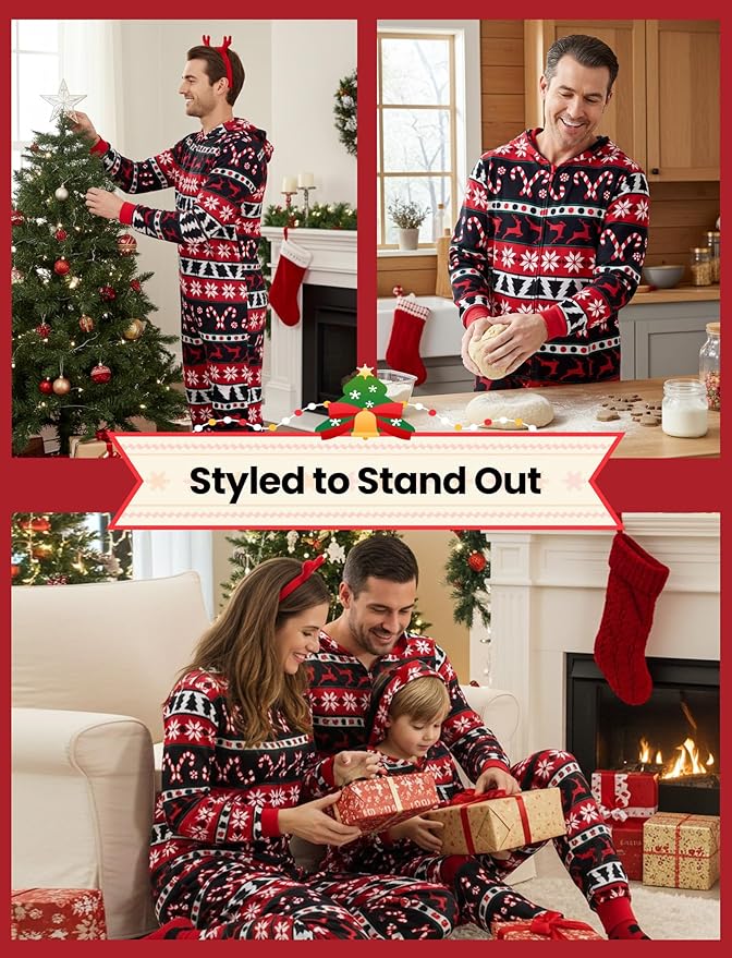 PATPAT Matching Family Christmas Onesie Pajamas – Holiday Hooded Jumpsuit Sleepwear PJs Couples Xmas Loungewear with Socks